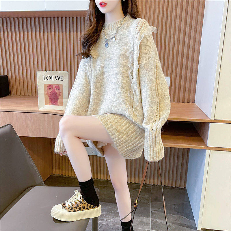 ストレートセーター レース付き ゆったり 丸襟 レディース 無地 インナーセーター 切り替え ミディアム丈 営业促进 カジュア ニットセーター 長袖 秋冬 セーター シンプル トップス レースセーター