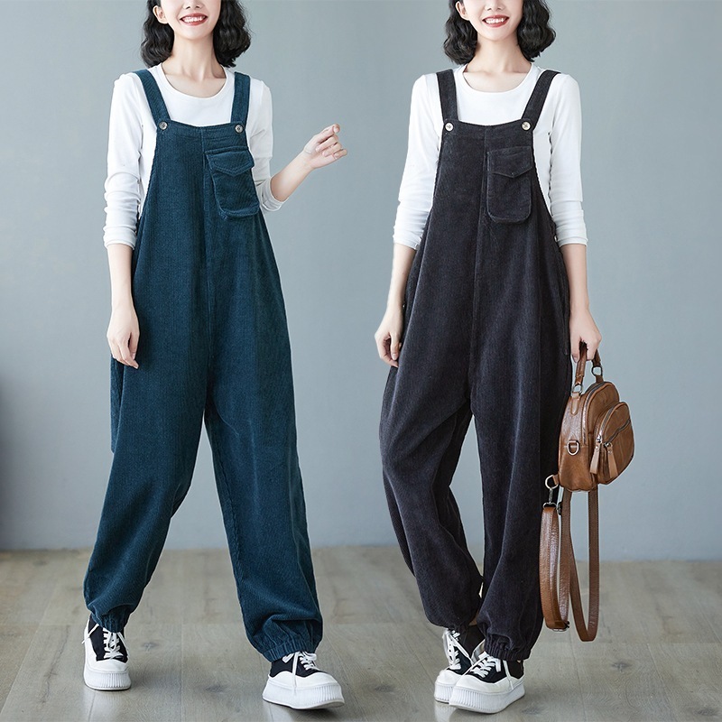 コーデュロイパンツレトロなベルベットのスラックスパンツ春秋韓版コーデ完成！サロペット