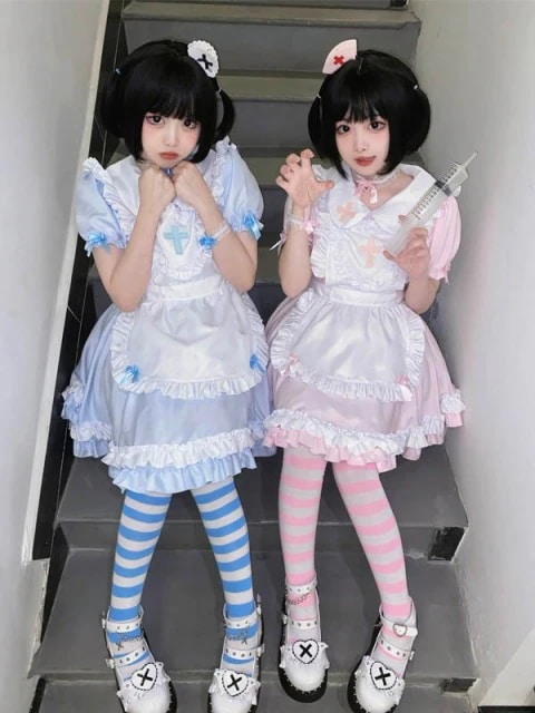 ナース風 メイド服 可愛い コスプレ衣装 5点セット メイド エプロン 大人 セクシー コスチューム ハロウィン コスプレ ナース ウェイトレ