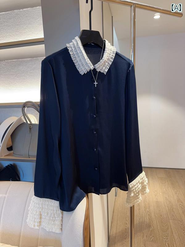 レディース　シャツ　レース　シルク エレガントで 軽やかな レトロ フレンチ スイート レース シャツ 早春の 精巧 重厚な 襟 長袖 シルクシャツ トップス