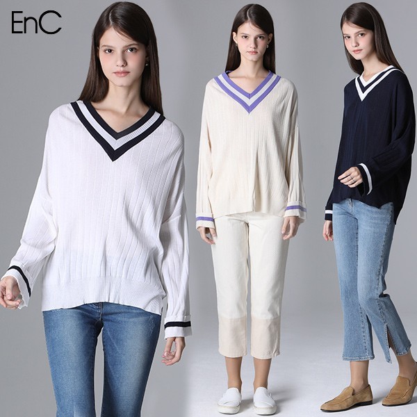 ENC Vネック 配色 ロールアップ ニット
