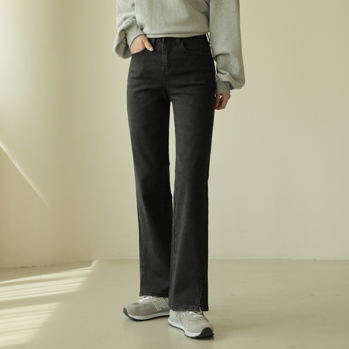[韓国ファッション] 裏起毛 サイドスリットブラックデニムパンツ