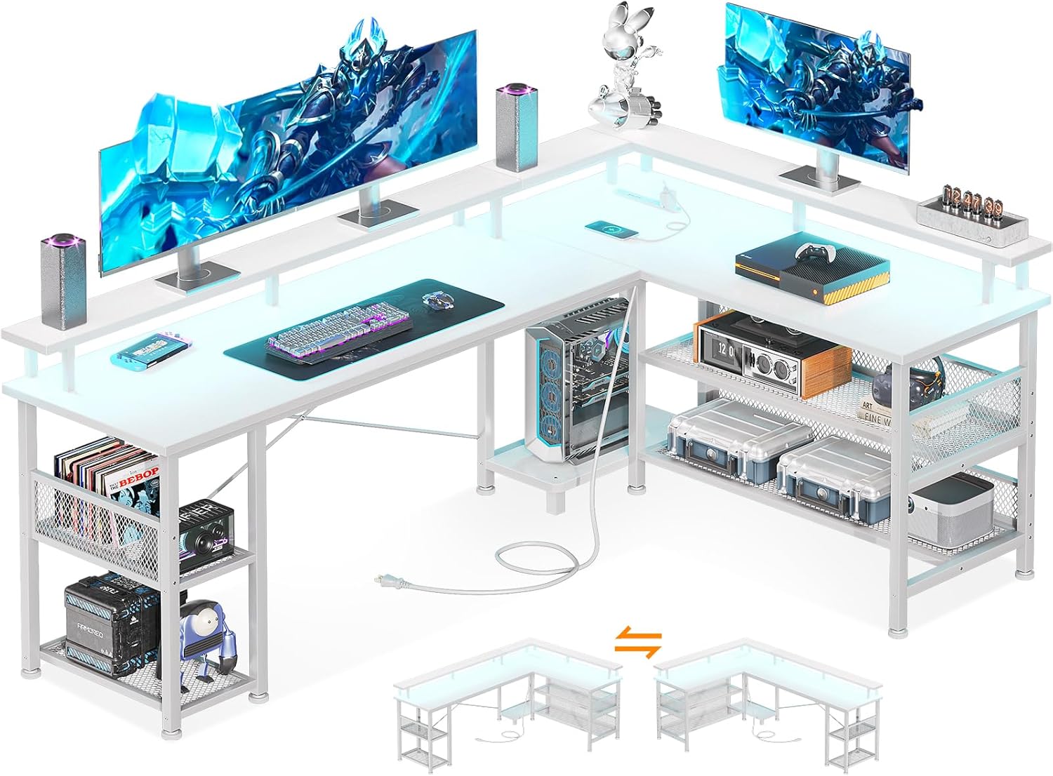 ゲーミングデスク パソコンデスク コンセント付き l字デスク デスク 机 pcデスク LEDライト付き 勉強机 棚付き オフィスデスク 幅168 ワークデスク 桌子 在宅勤務 事務机 組立簡単 ホワイ