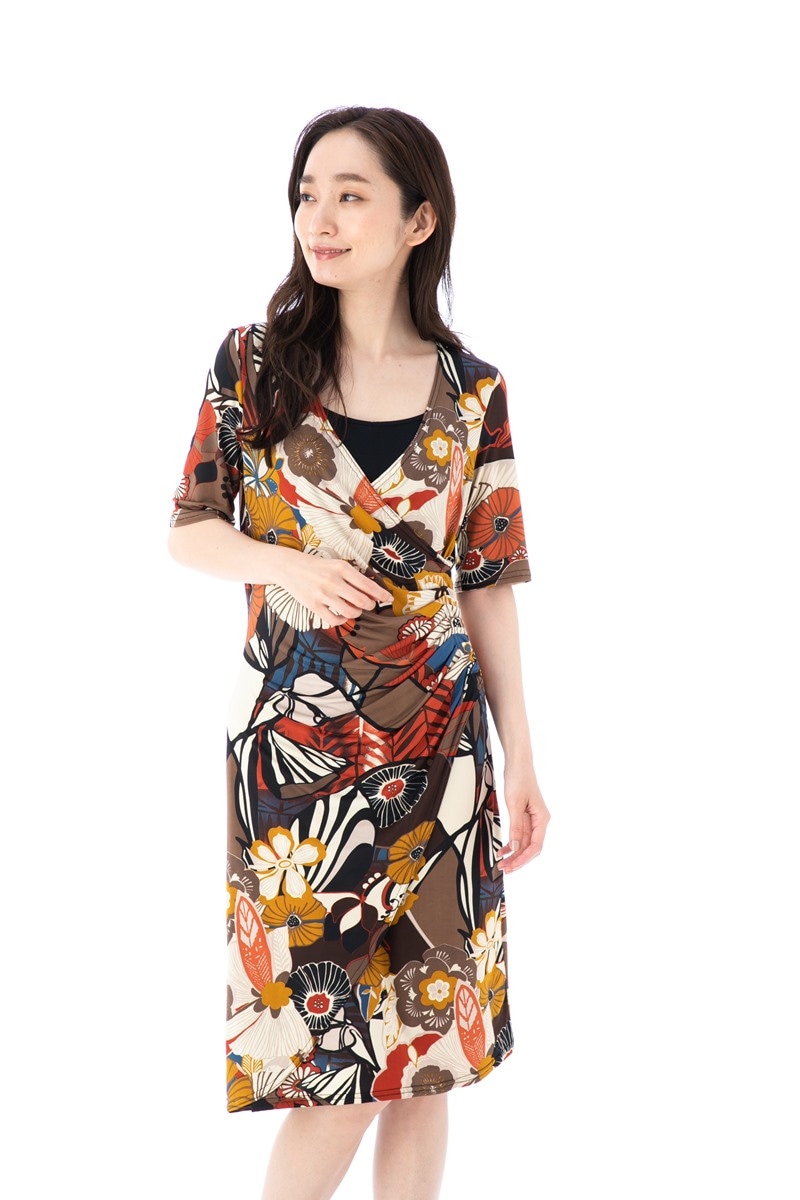 ファス(FAS)ワンピース T2 T3 T4サイズ ５分袖 膝丈 花柄 カシュクール 大人上品ワンピース レディース Fille A Suivre