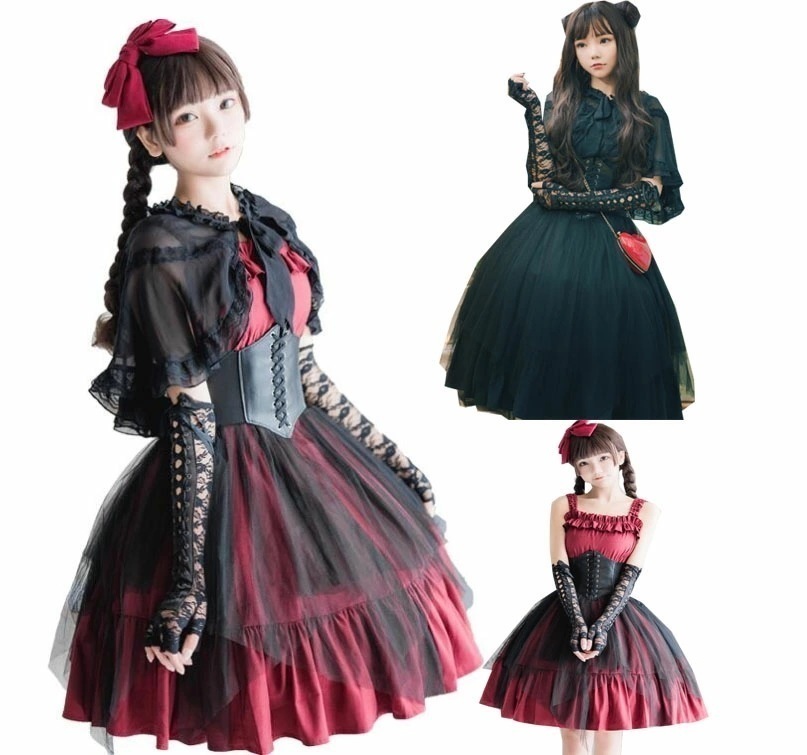 【夏セール！】暗黒系コスプレ衣装 ロリータ ワンピース ハロウィン 二次元ドレス 美少女ワンピース 復古宮廷風ドレス ゴスロリ スカラップ ハロウィーン コスチューム スカラップ 赤 黒