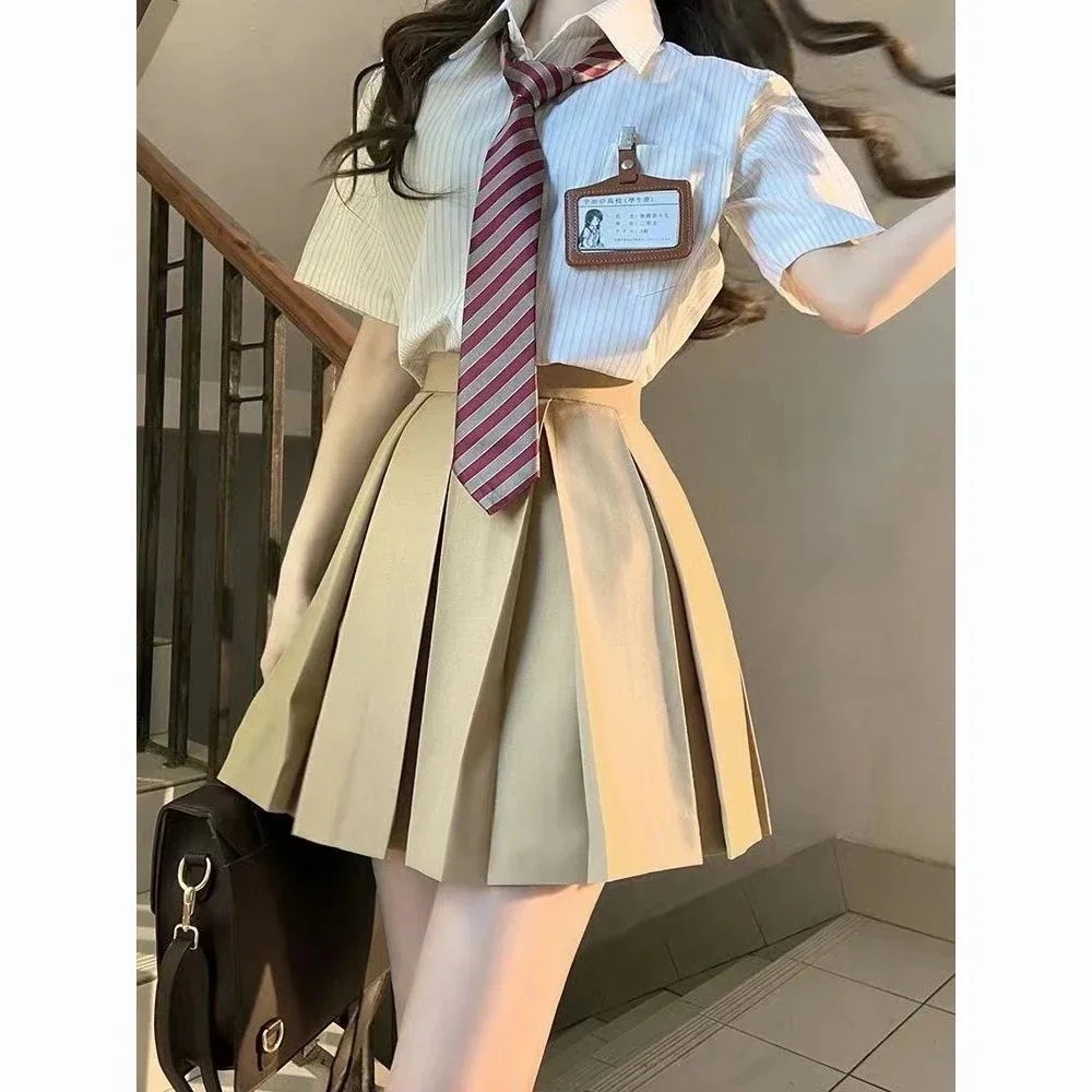 【20点セット】メガ割セットアップ 人気 涼しく楽ちんセットアップ 学院風半袖制服ストライプシャツ ハイウエストプリーツスカート3点セット レディース 韓国ファッション