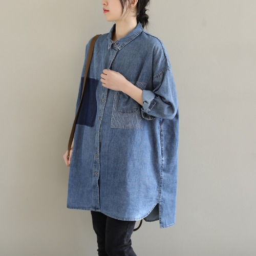 春服レディース韓国ファッション長袖シアーシャツ トップスデニムブラウスセミロングシャツ大きいサイズワイシャツ