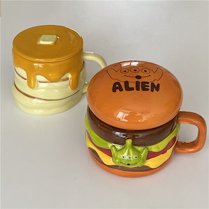 かわいい漫画のハンバーガーセラミックカップ蓋付き庭用マグ大容量クリエイティブ描きコーヒーカップ面白いウォーターカップ