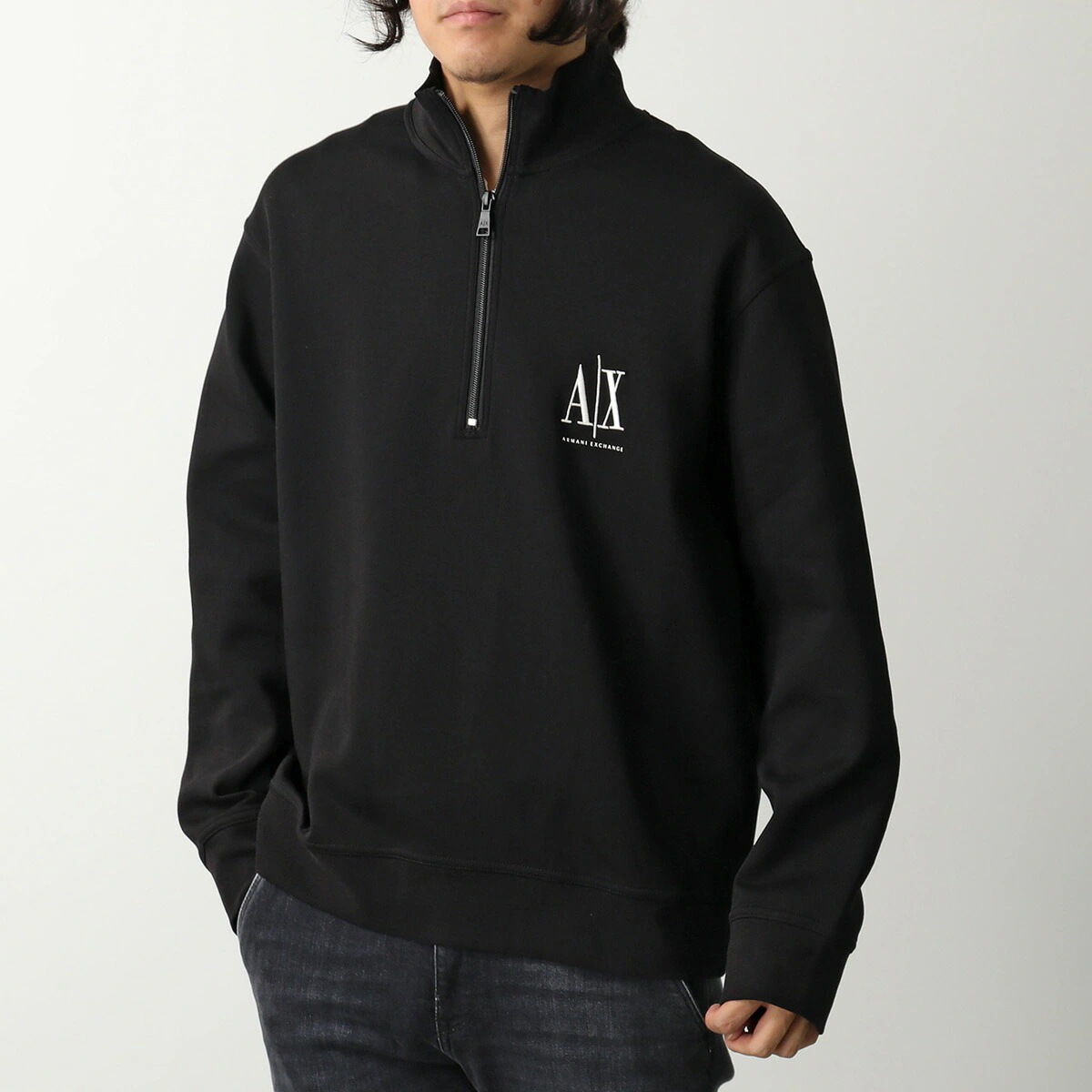 ARMANI EXCHANGE A/X アルマーニ エクスチェンジ トレーナー XM000370 AF10818 メンズ スウェット 長袖 ハーフジップ ハイネック ロゴ 刺繍 UC001/BLACK