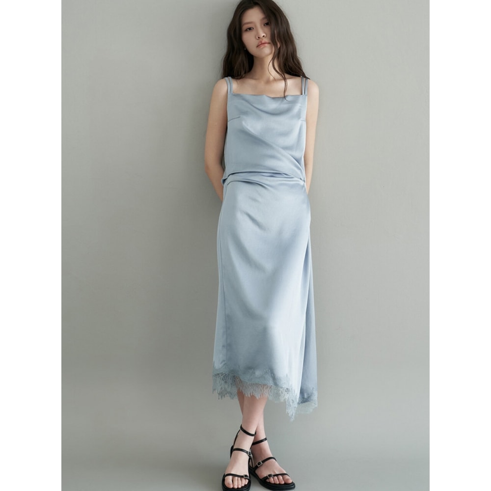 DESIGNOWOL サテンレースアシンメトリックスリップドレスソフトブルー