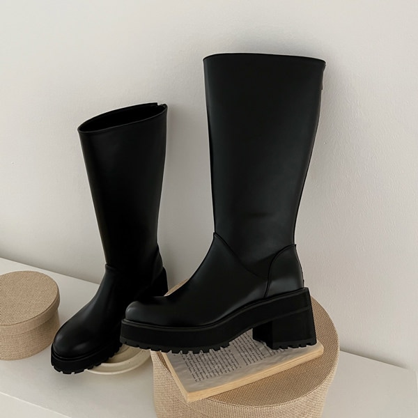 ロングブーツ ワークブーツ バックジップ トラックソール レディース ハイヒール 黒 ブラック 歩きやすい 痛くない カジュアル シンプル 靴 婦人靴 韓国