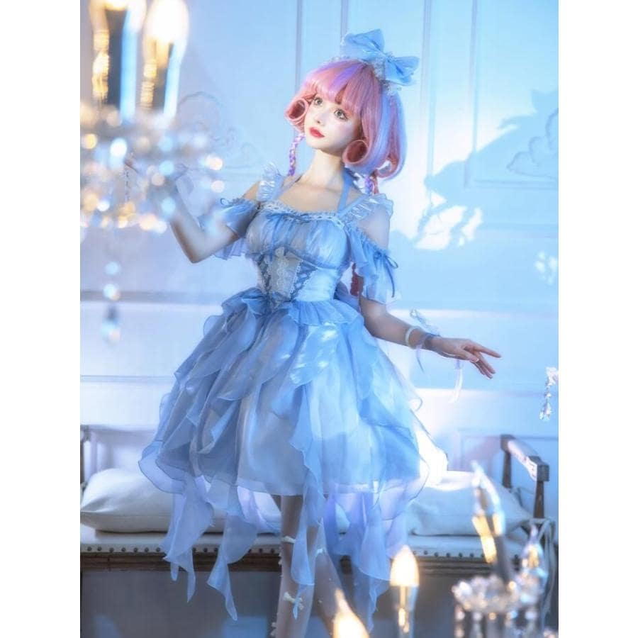 ロリータ ジャンパースカート ロリータ ワンピース ミドル丈 ミモレ丈 可愛い ロリータ服 フリルリボンいっぱい ひらひら 光沢 人魚姫 星河 海