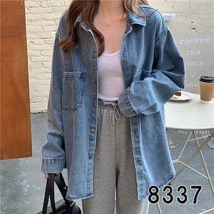 シャツトップスカットソーデニムポケット付きロング丈ケミカルウォッシュジャケットシンプルオーバーサイズきれいめかわいいキュート大人女子モダンメンズライクカジュアルマニッシュこなれ感体形カバー