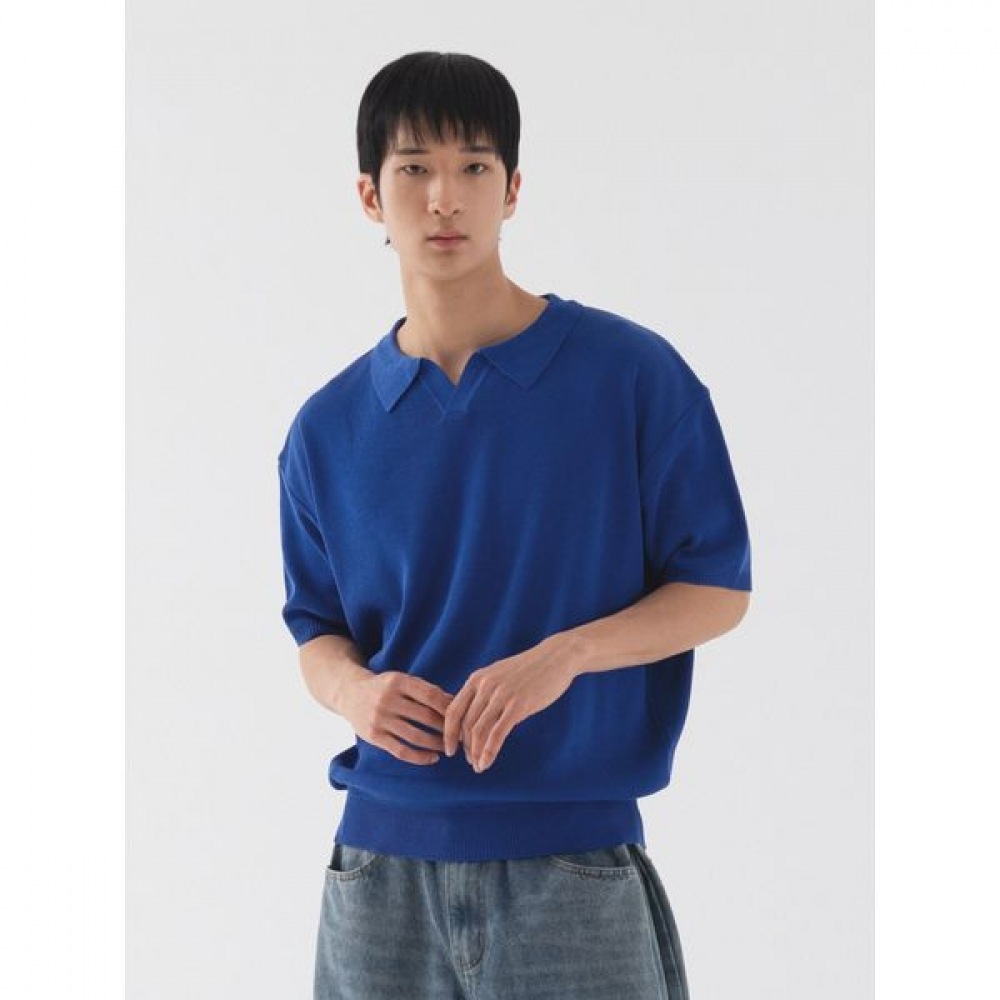 [Pianer] クラシックオープンカラー半袖ニット（コバルトブルー）