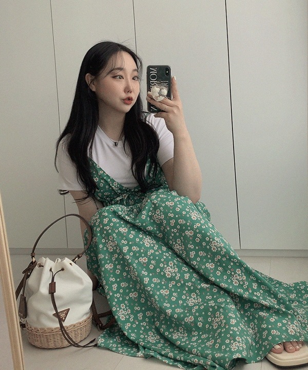 7745 フラワー パターン ビスチェ ロングワンピース(2color)