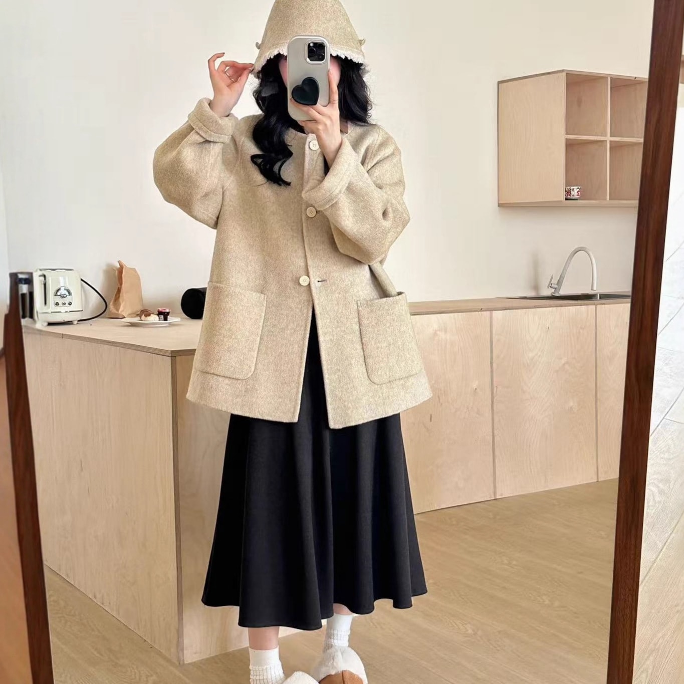 バッグ帽子女性用両面ウールコートラウンドネックショート香るスタイル小柄な人向け厚手のウールコート