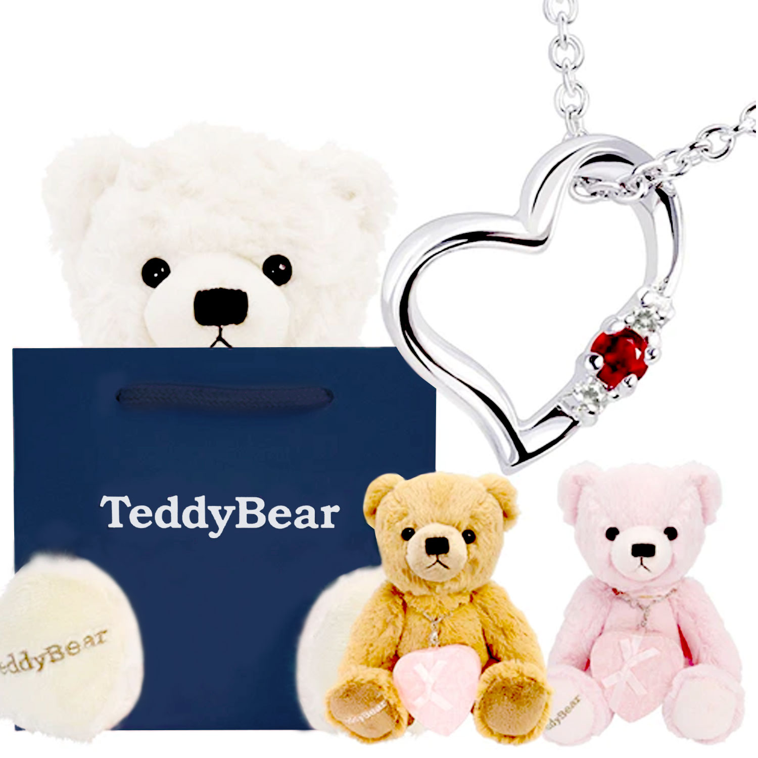 ネックレス レディース シルバー ダイヤモンド 12誕生石 オープン ハート テディベア セット 誕生日 プレゼント