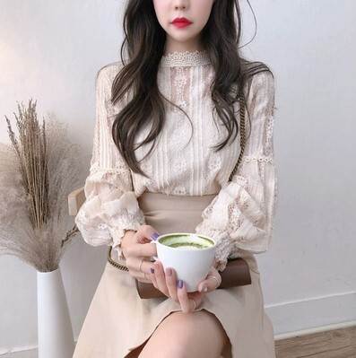 トップス ブラウス レース 透け感 かわいい 長袖 ボリューム袖 薄手 可愛い きれいめ 上品 おしゃれ 個性的 セクシー エレガント レディース プルオーバー ミディアム丈 スタンドカラー ストレー 7,540円