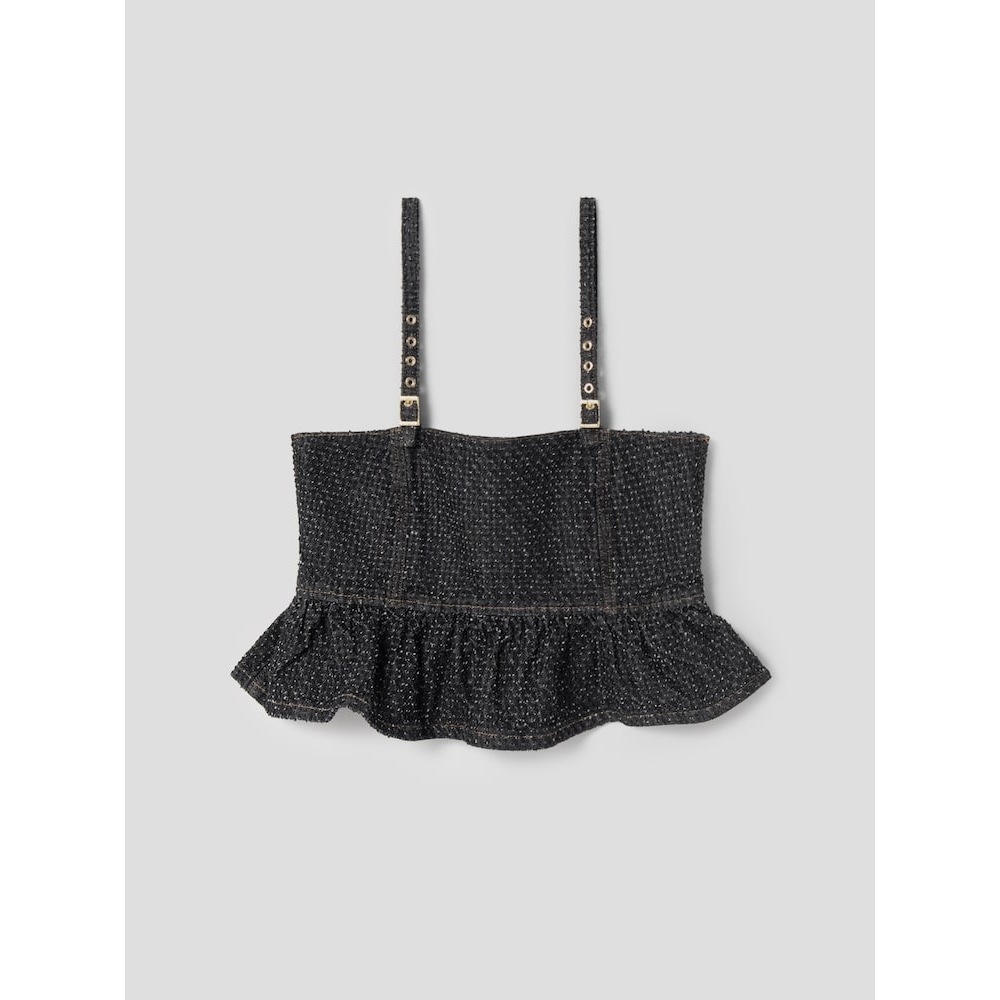 GANNI ふわふわデニムストラップトップ-ブラック QN5160R035