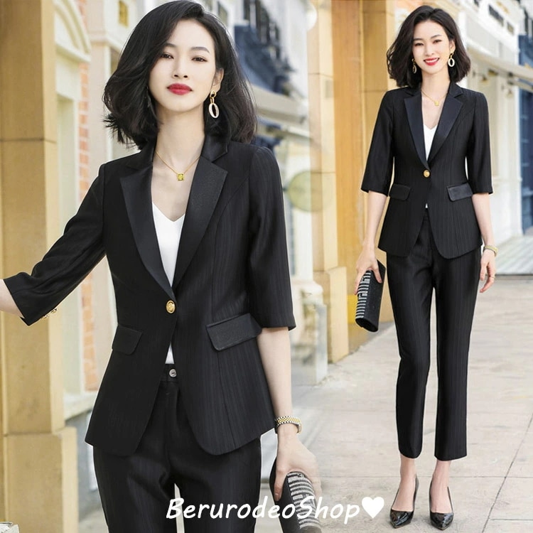 スーツ レディース 夏 ブラック ベージュ パンツスーツ オフィススーツ 通勤 OL オシャレ 2点セット フォーマルスーツ 30代 40代 白 ホワイトスーツ 大きいサイズ 7分袖 S M L XL