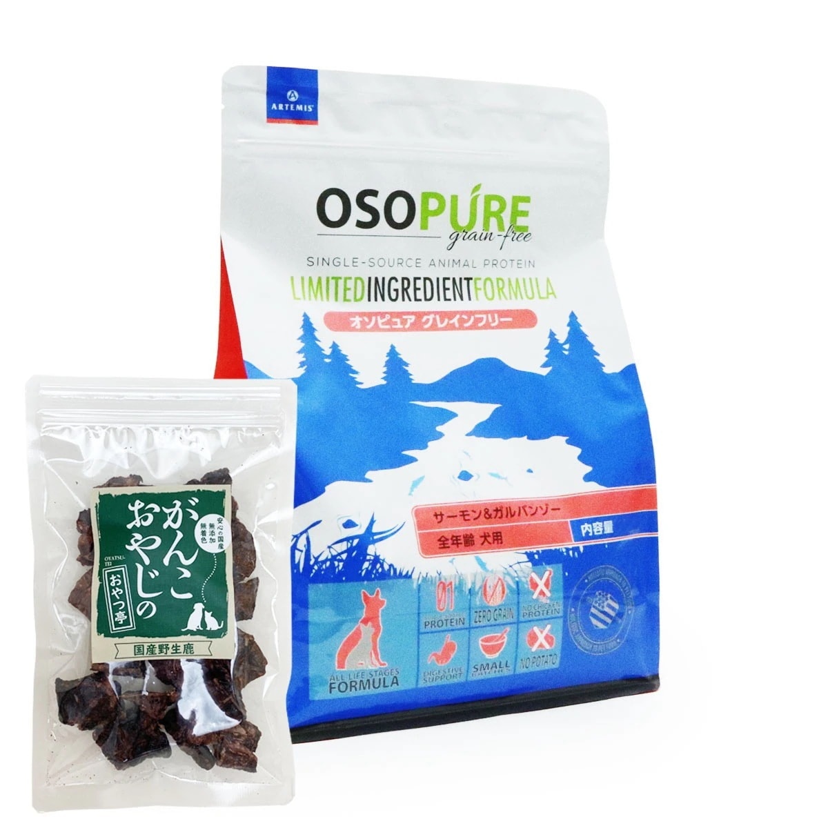 オソピュア グレインフリー サーモン＆ガルバンゾー 4.5kg【国産鹿ラング15g付き】