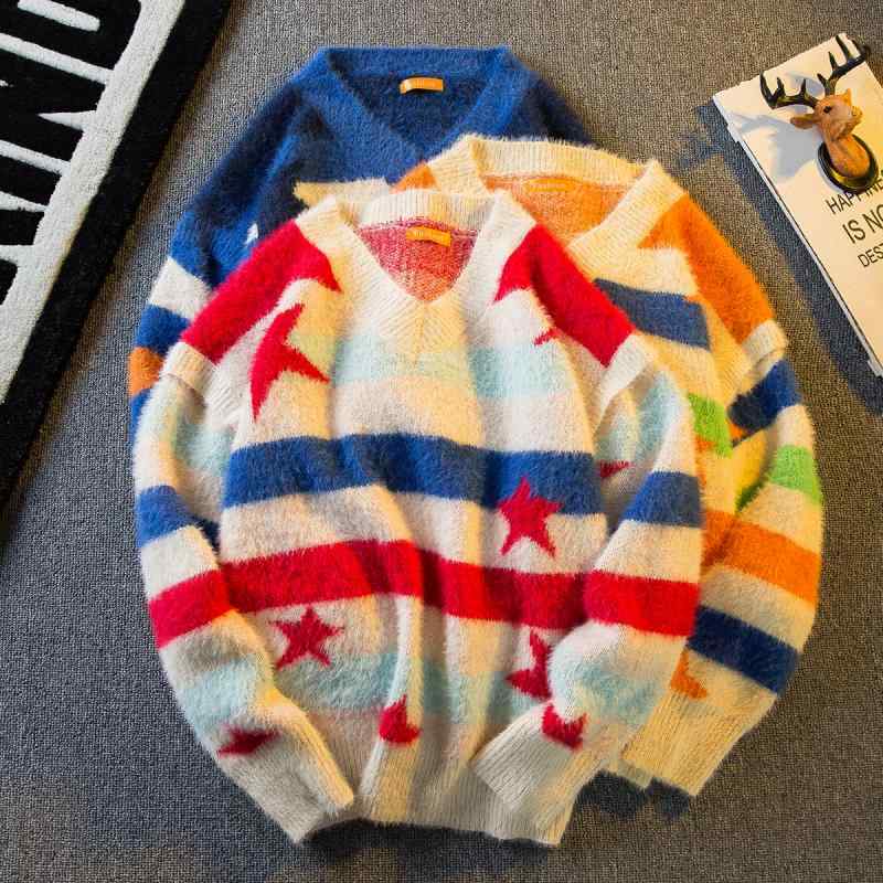 メンズ ファッション 男性用 オシャレ シンプル 大人 かっこいい 大きいサイズ ストリート 紳士服 ストリート モヘアセーター メンズ コントラストトライプ Vネック セーター カジュアル カップル