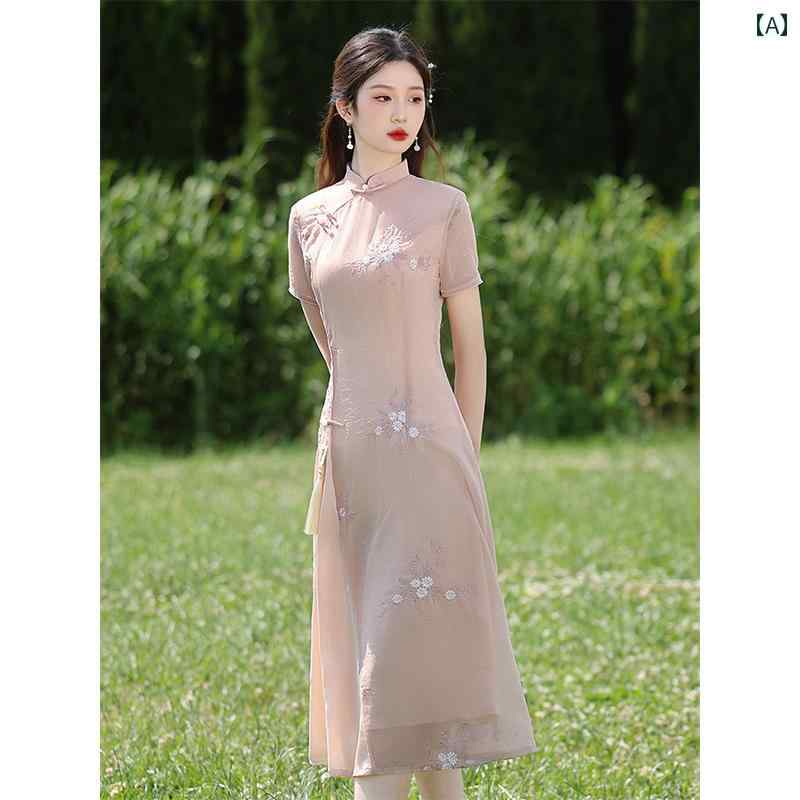 アオザイ チャイナドレス 夏 レディース ワンピース エレガント レトロ シフォン 低スリット ピンク