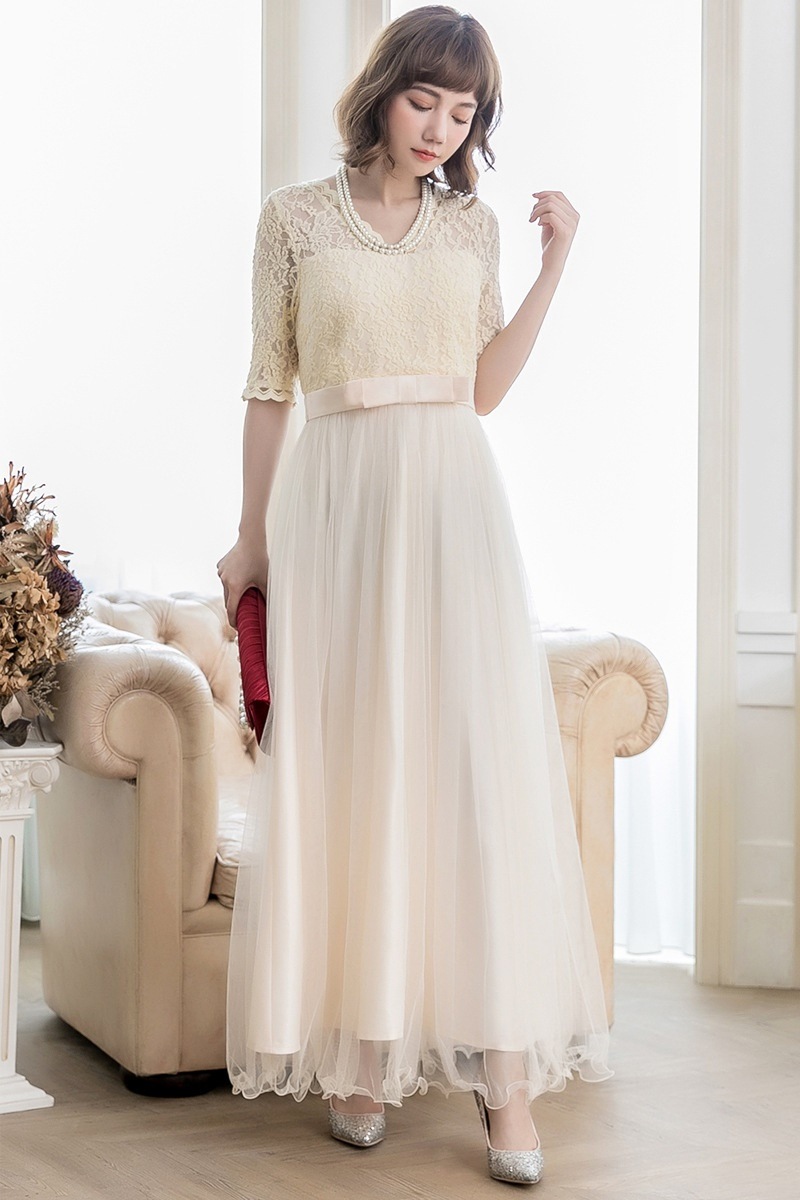 1725.Vネックシースルーロングドレス（アプリコット）2019 春夏 sale 結婚式 パーティー お呼ばれ 演奏会 女子会 同窓会