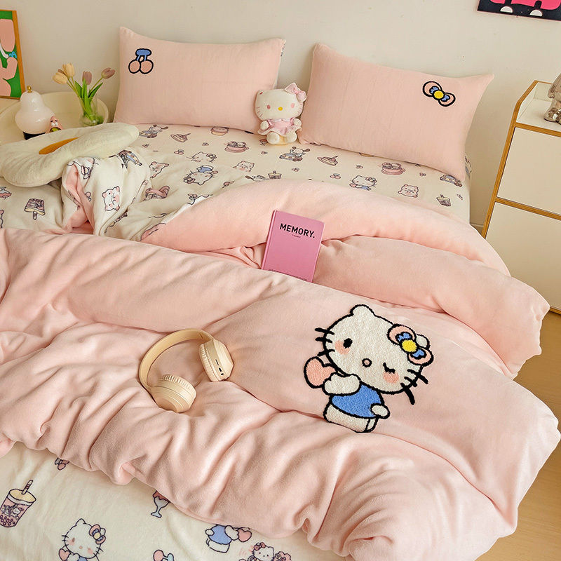 小清新牛乳絨毯ベッド上4点セット冬の厚手両面絨毯布団カバー加絨ベッドシングル3点セットベッド品