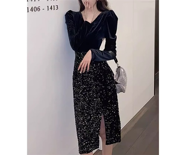 フェイクツーピース レディース ワンピース プルオーバー ドレス タイトスカート 膝下 ミモレ 長袖 パフスリーブ Vネック Aライン スリット ハイウエスト 切り替えデザイン ドッキング