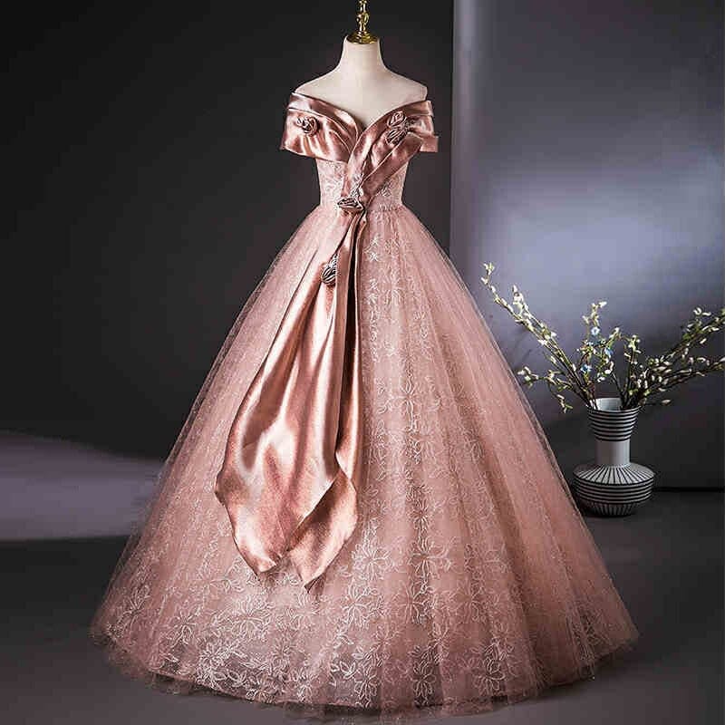 カラードレス ロングドレス パーティードレス 花柄 柄 ピンクゴールド 袖 大きなタイ バラ Vネック バラ ステージ衣装 チュール オフショル ウェディングドレス ウエディングドレス 結婚式 二次会