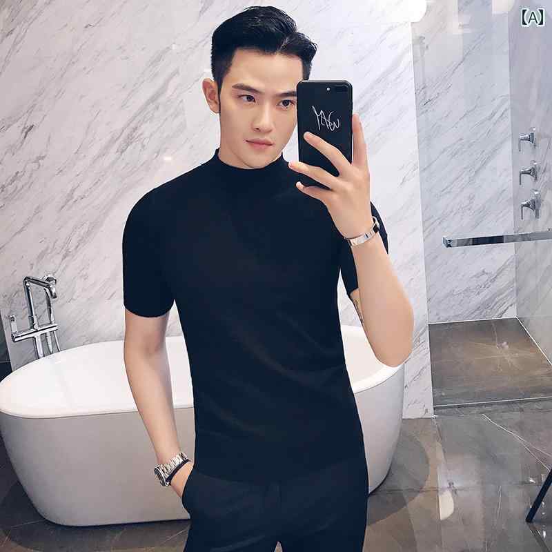 セーター メンズ ニット トップス 秋冬 タイト ハイネック タートルネック 半袖 長袖 ソリッドカラー スリム ブラック ホワイト レッド