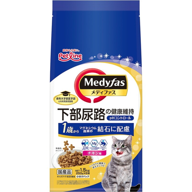 （まとめ買い）ペットライン メディファス 1歳から チキン味 1.5kg（250gx6） 猫用フード [x3]