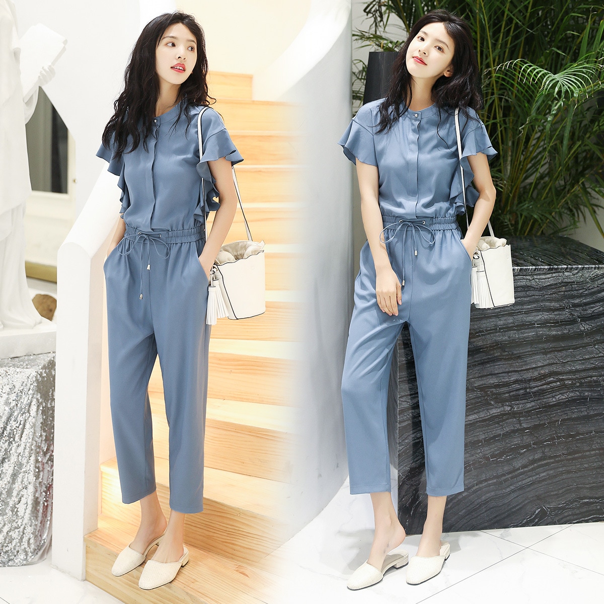 オールインワン レディース ジャンプスーツ 半袖 パンツ フリル 九分丈 ストレート 無地 かわいい 可愛い デート お出かけ 普段着 10代 20代 30代 普段使い 日常 デイリー 着回し モテ