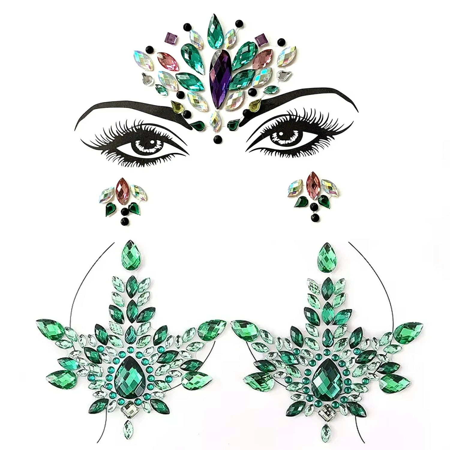 フェイス・チェスト セット（胸元と顔・目元用セット） ジェムボディステッカー 1シート 貼る シール 簡単 キラキラ 眉間 おでこ 頬 腕手足胸 衣装 アクセサリー 祭り nt577xxxxxxxx