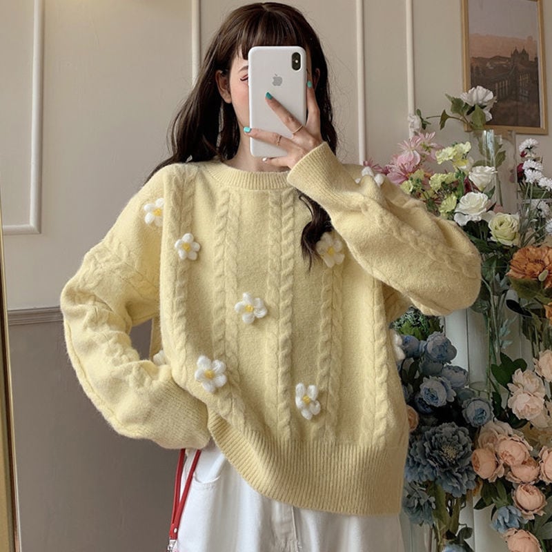 10個セット 秋冬の麻セーター女性の手作り立体小花風初恋感ニット