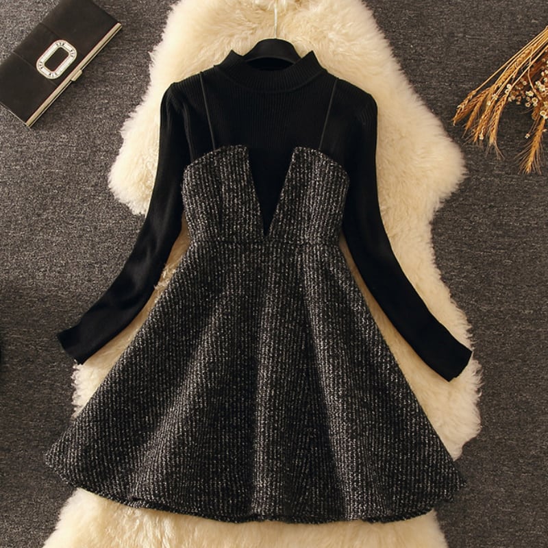 レディース セットアップ ワンピース ニット キャミワンピ ブラック ゆったり 秋冬 秋 108