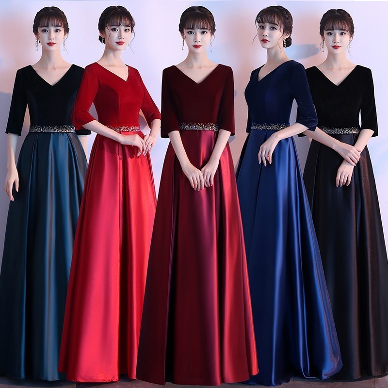 【2枚購入で 3oo円OFF！】パフォーマンスドレスレッドロング結婚式披露宴新年レッドドレスピアノ演奏コンクールドレスブルードレス