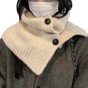 ネック ウォーマー マフラー スヌード ニット ボタン シンプル 無地 レディース (ホワイト（アイボリー） Free Size)