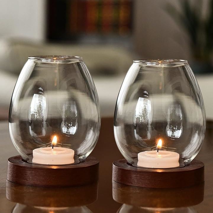 キャンドルホルダー ガラス キャンドルスタンド キャンドルランタン 木 ティーライトキャンドル キャンドルグラス 2個(透明, 高さ11.5cm 土台幅8.5cm ガラス上)