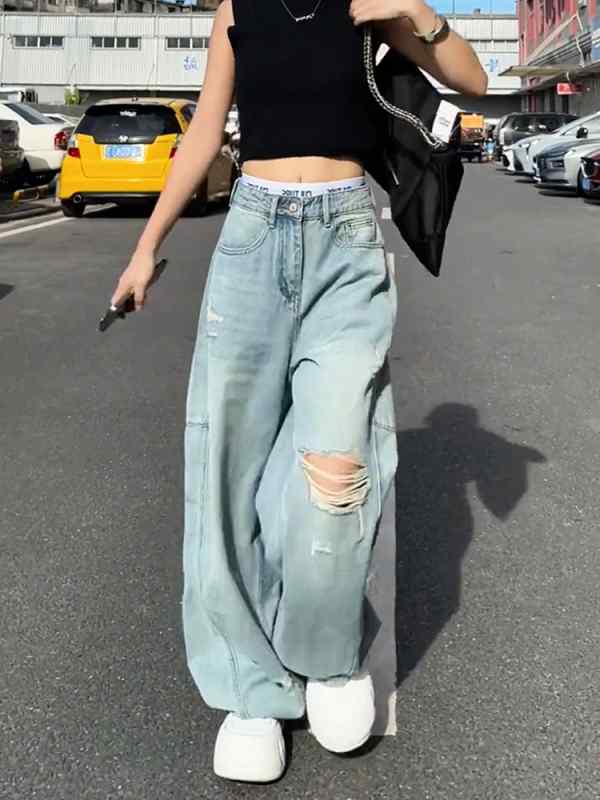 【送料無料】レディース ファッション オシャレ カワイイ シンプル 人カワイイ きいサイズ ライト ブルー リップ 加工 ジーンズ パンツ ハイウエスト ズボン