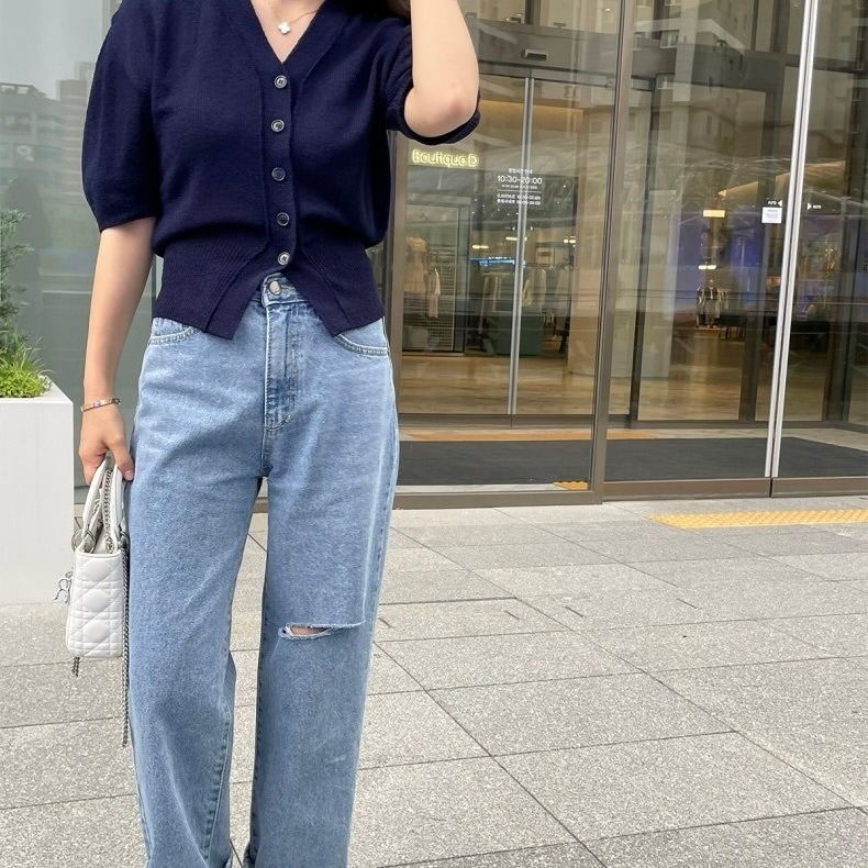 トップス カーディガン ミニ丈 ショート丈 袖あり 半袖 パフスリーブ 襟なし 前開き 伸縮性 サマーニット かわいい 大人可愛い きれいめ シンプル カジュアル 大人 上品 おしゃれ レトロ