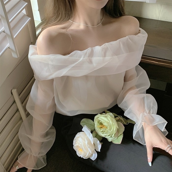 シアーシャツ フェアリー トップス シャツ ブラウス 袖あり 長袖 パフスリーブ オフショルダー オフショル シフォン 透け感 シースルー 薄手 大人可愛い きれいめ 上品 おしゃれ レトロ 大人女子