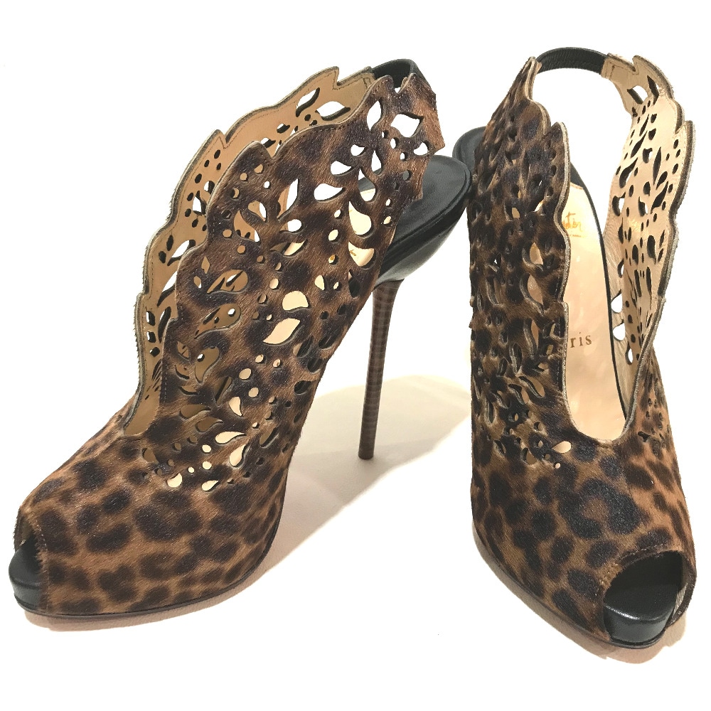 パンプス レオパード 豹柄 オープントゥヒール ハラコ ブラウン