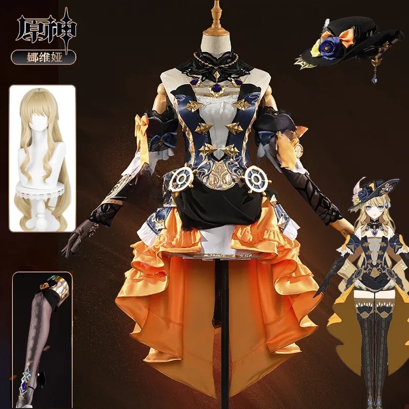 Nari genshin-女性のためのコスプレコスチューム クロリンデユニフォーム かつら ドレスユニフォーム ピータースピナ 帽子 ハロウィーンの衣装