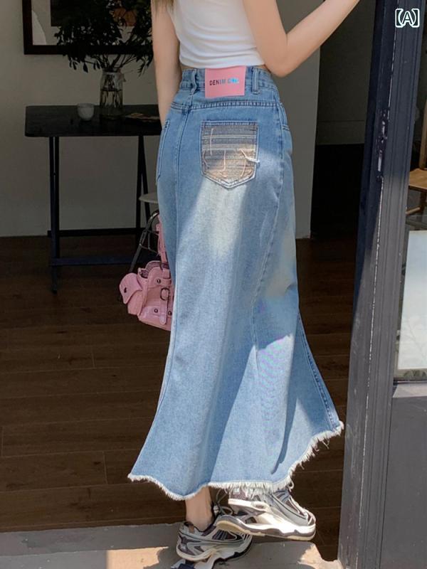 デニムスカート マーメイド ロング フレア レディース レトロ ミドル丈 ハイウエスト フィッシュ テール 夏 薄手 ブルー