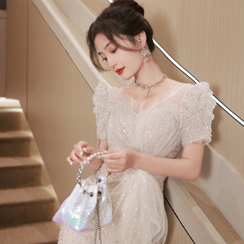 パーティードレス 誕生日 演奏会 花嫁 司会 イブニングドレス フィッシュテール ドレス 2025 新しい結婚式 ホスト 卒業式