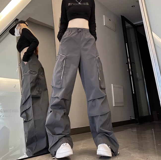 レディース パンツ ボトムス ワイドパンツ 丈長 フルレングス ワイド スマート 裾ワイド ストリート ファスナー ポケット ハイウエスト シンプル カジュアル おしゃれ かっこいい レトロ ラフ