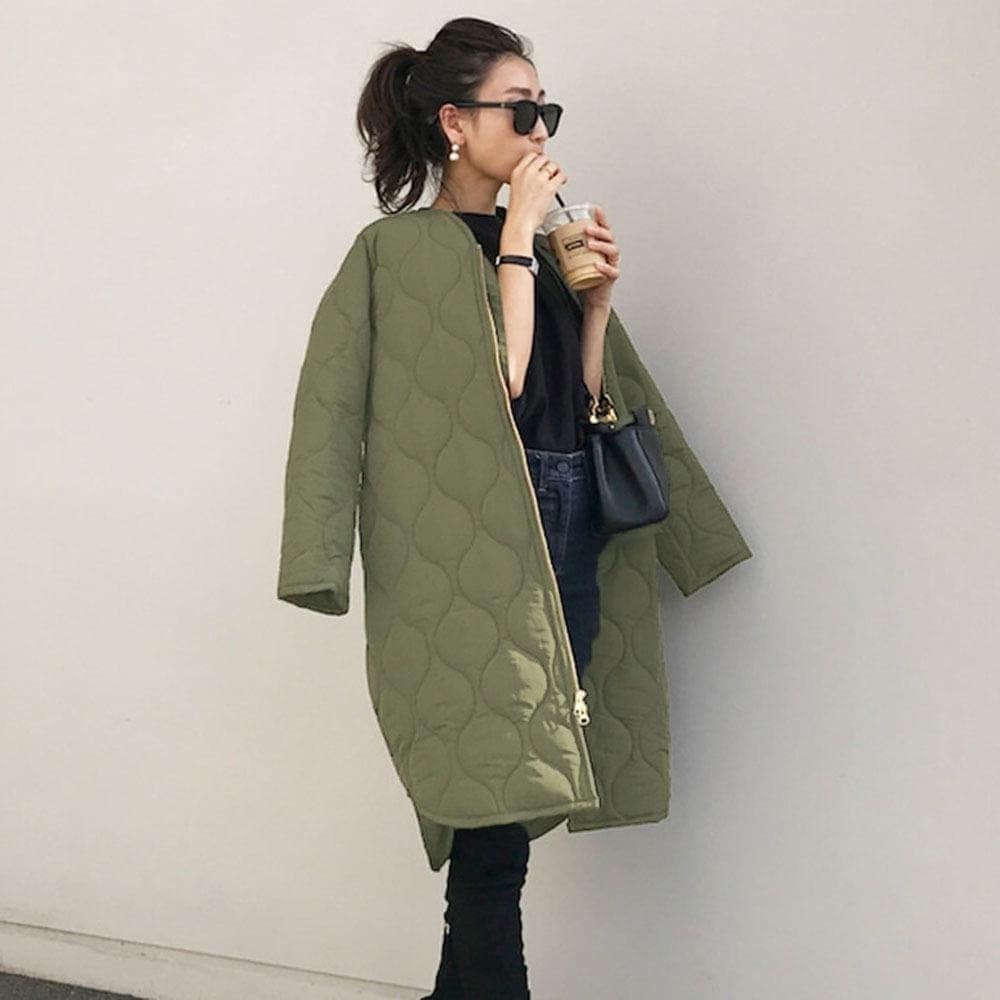 大人気上品中綿ジャケットレディースノーカラーブルゾンダウンコートロング丈キルティングダウンジャケット中綿コートジャケット暖かいアウター