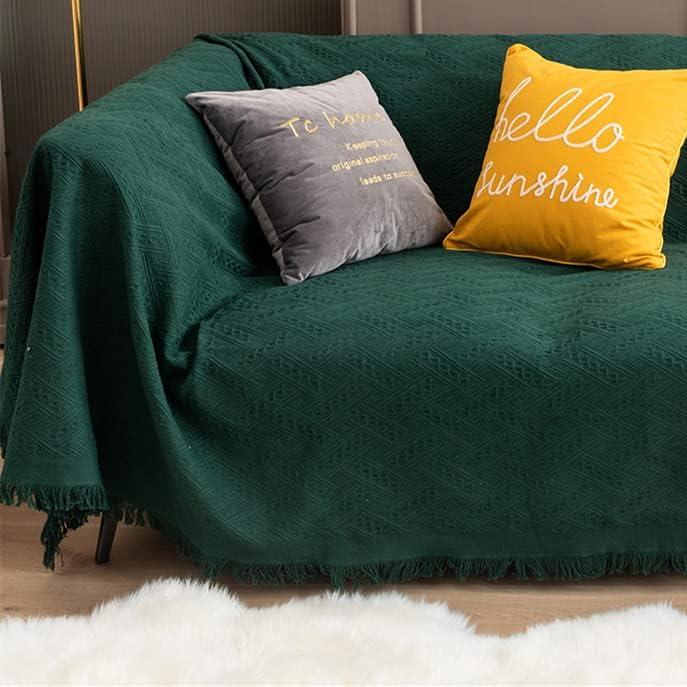 北欧風ソファカバー フリンジ付き 多機能ブランケット 滑り止め 防塵 ダークグリーン 130x180cm